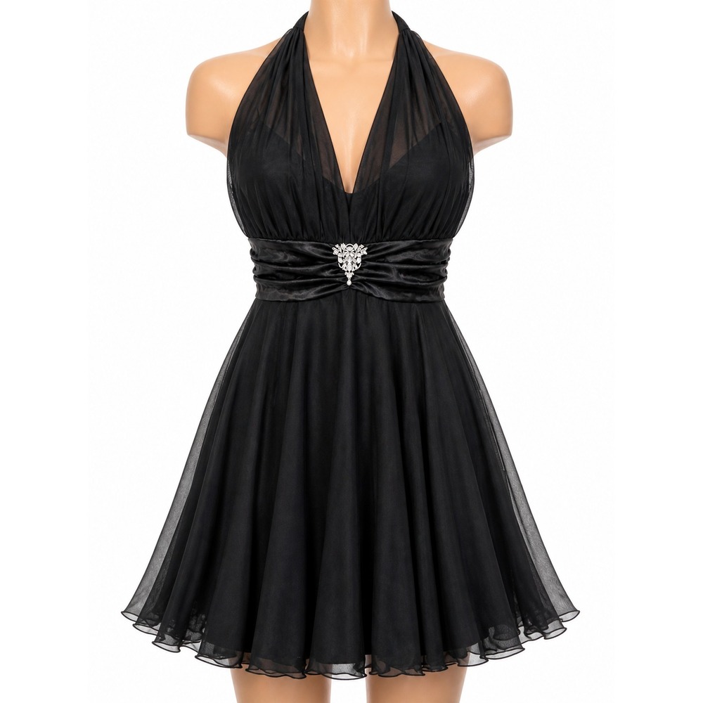 DB Studio Black Halter Dress Size Large Formal Cocktail Party Satin Chiffon